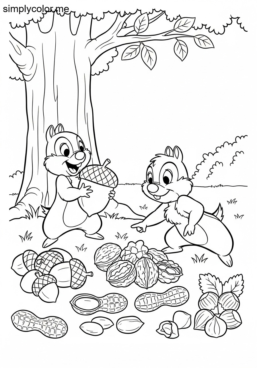 Chip and Dale gathering nuts printable coloring sheet for kids