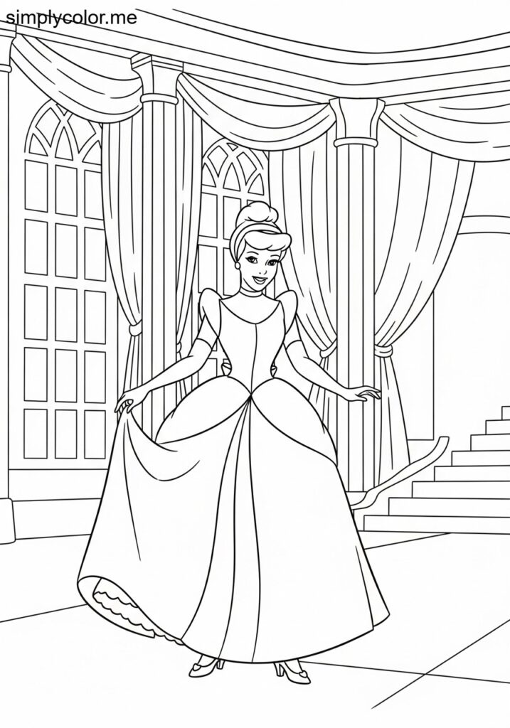 Cinderella at the royal ball printable coloring sheet for kids