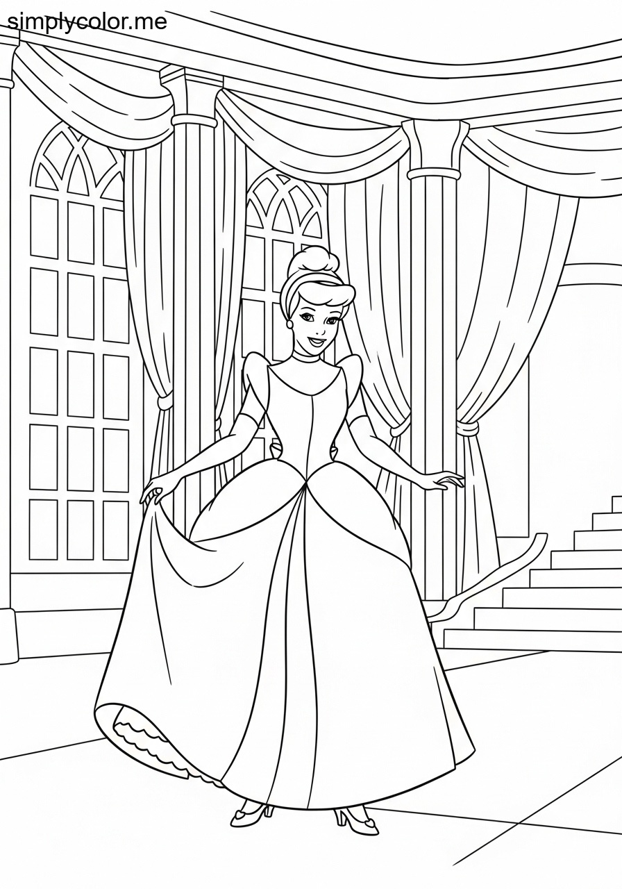 Cinderella at the royal ball printable coloring sheet for kids
