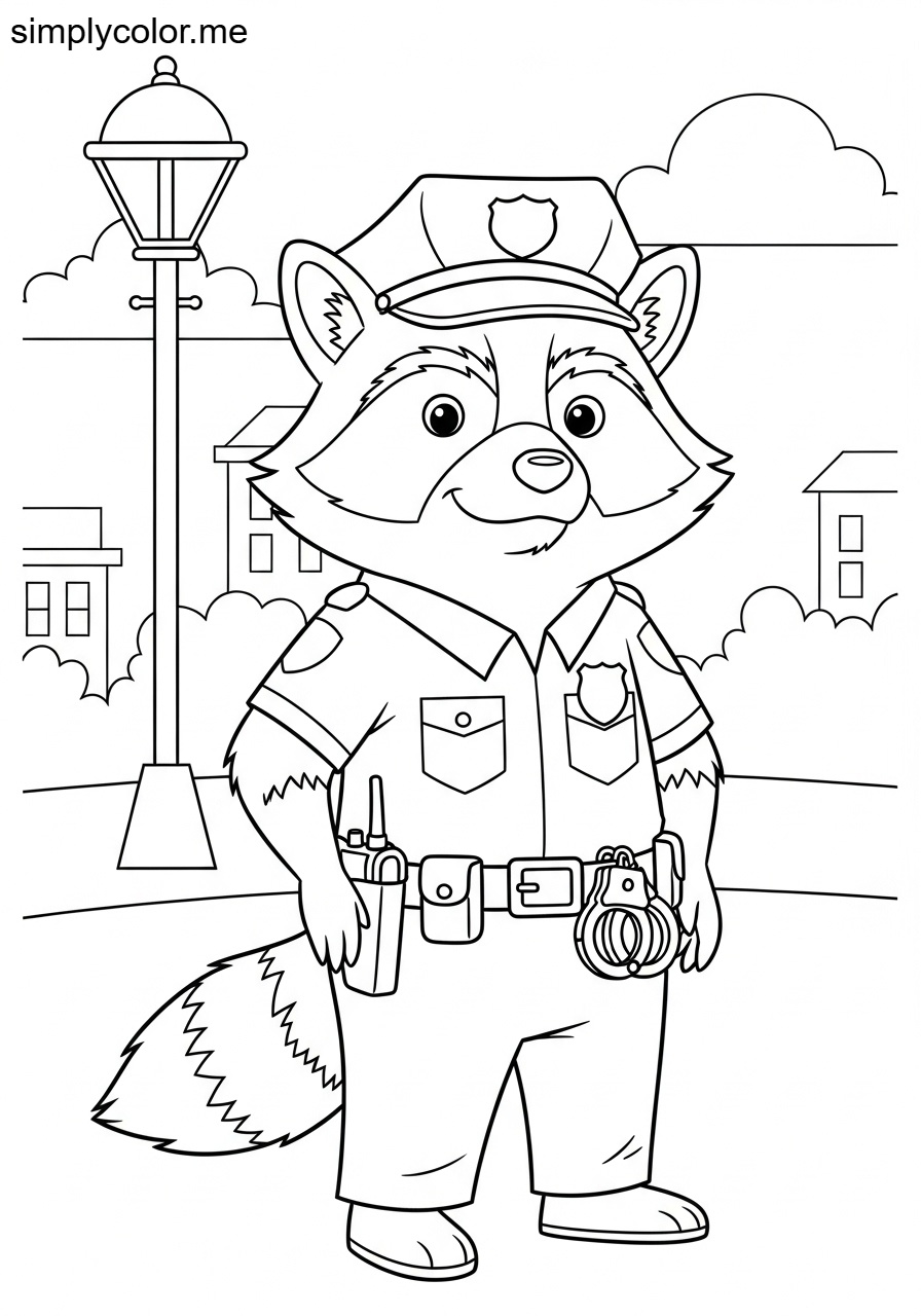 Constable Raccoon keeping law printable coloring sheet for kids
