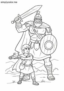 David fighting Goliath with a sling biblical coloring page