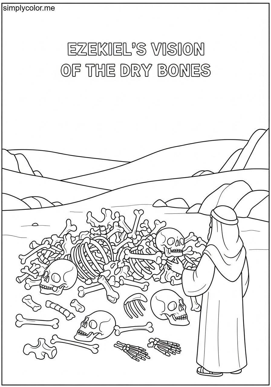 Ezekiel’s vision of the dry bones biblical coloring page