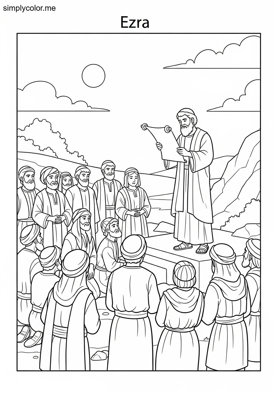 Ezra reading the law to the people biblical coloring page