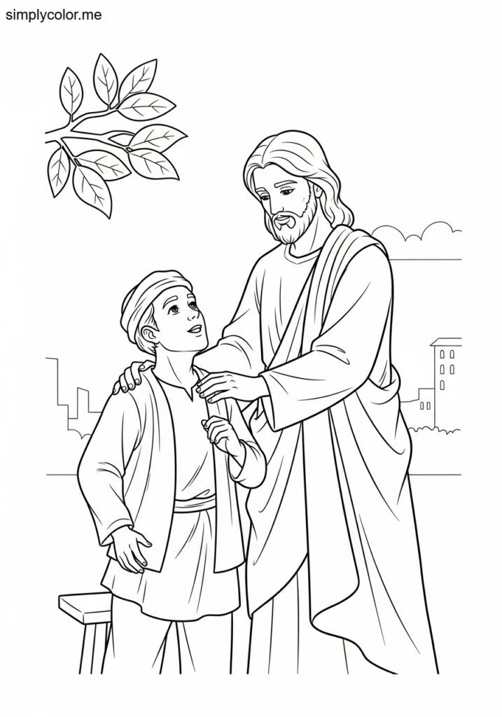 Jesus blessing Zacchaeus biblical coloring page