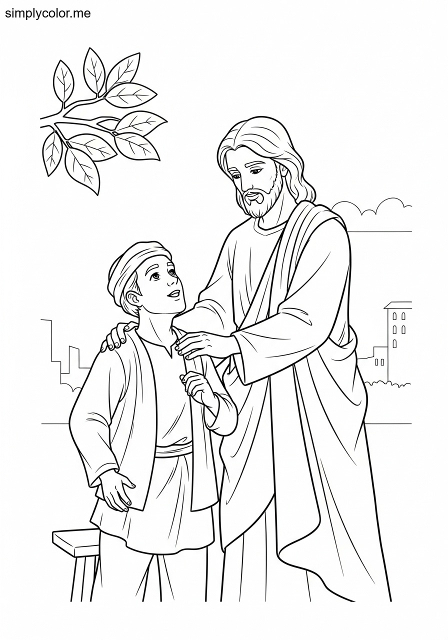 Jesus blessing Zacchaeus biblical coloring page