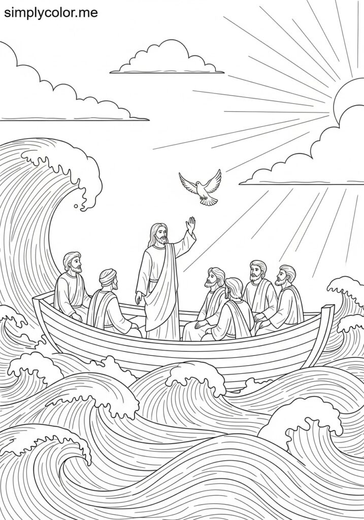 Jesus calming the storm on the sea biblical coloring page