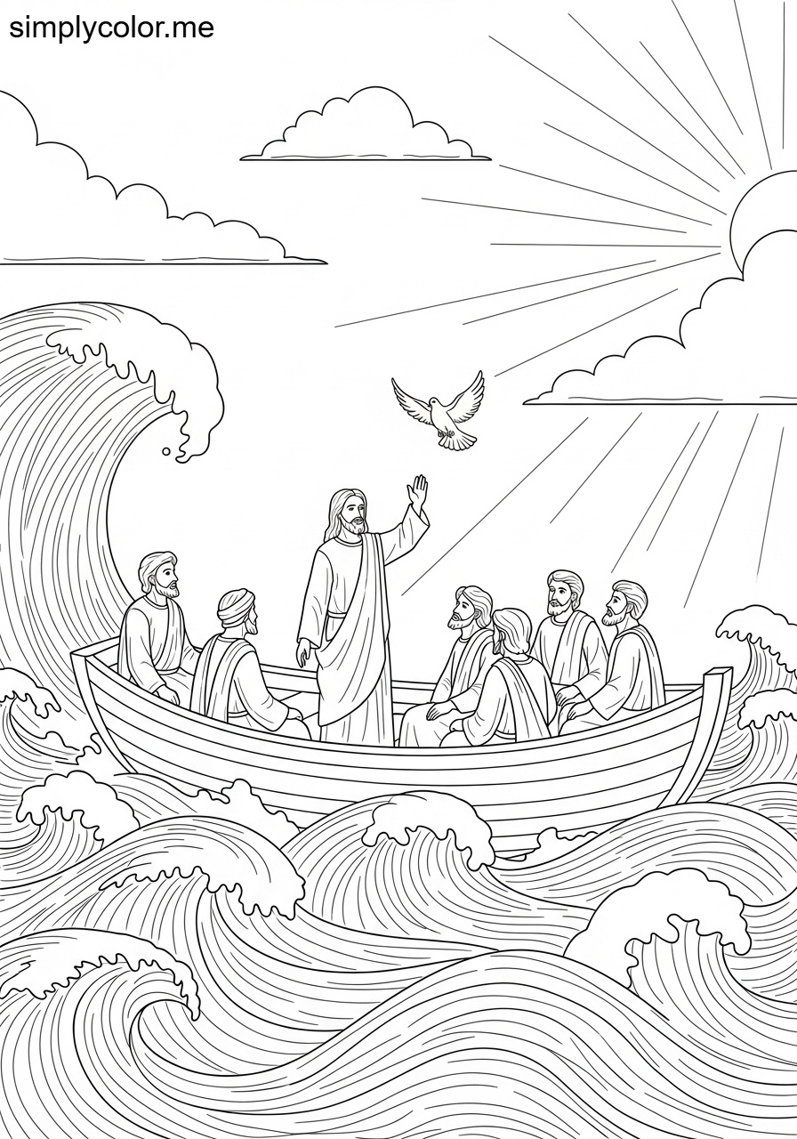 Jesus calming the storm on the sea biblical coloring page