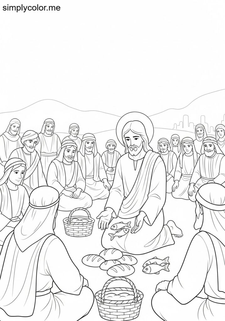 Jesus feeding the five thousand biblical coloring page
