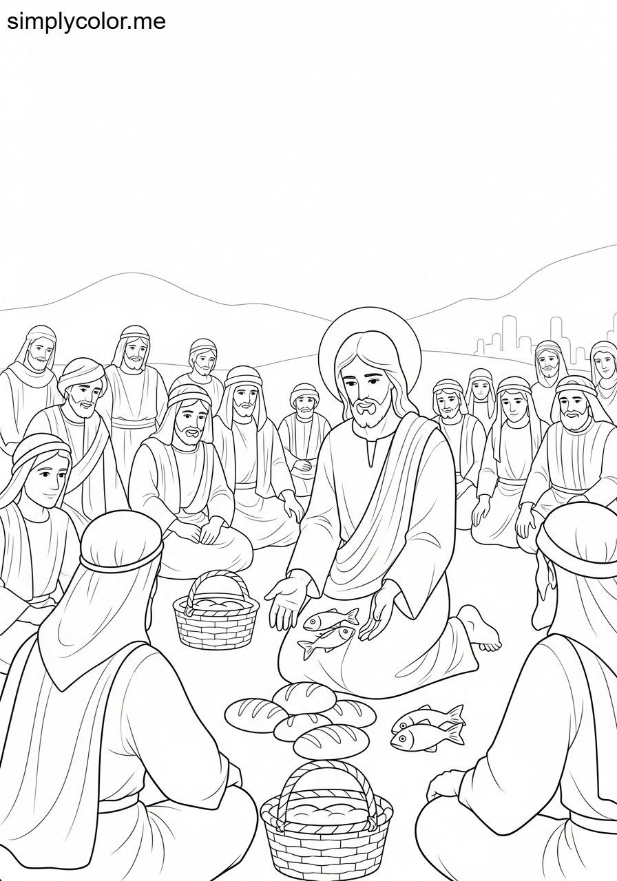 Jesus feeding the five thousand biblical coloring page