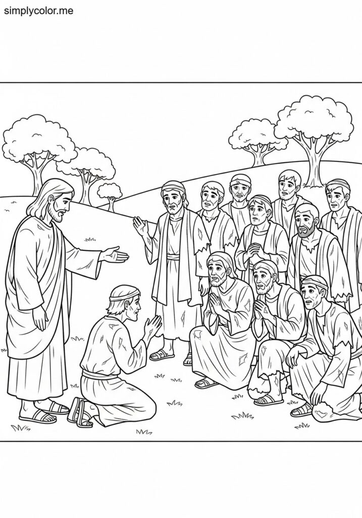Jesus healing the ten lepers biblical coloring page