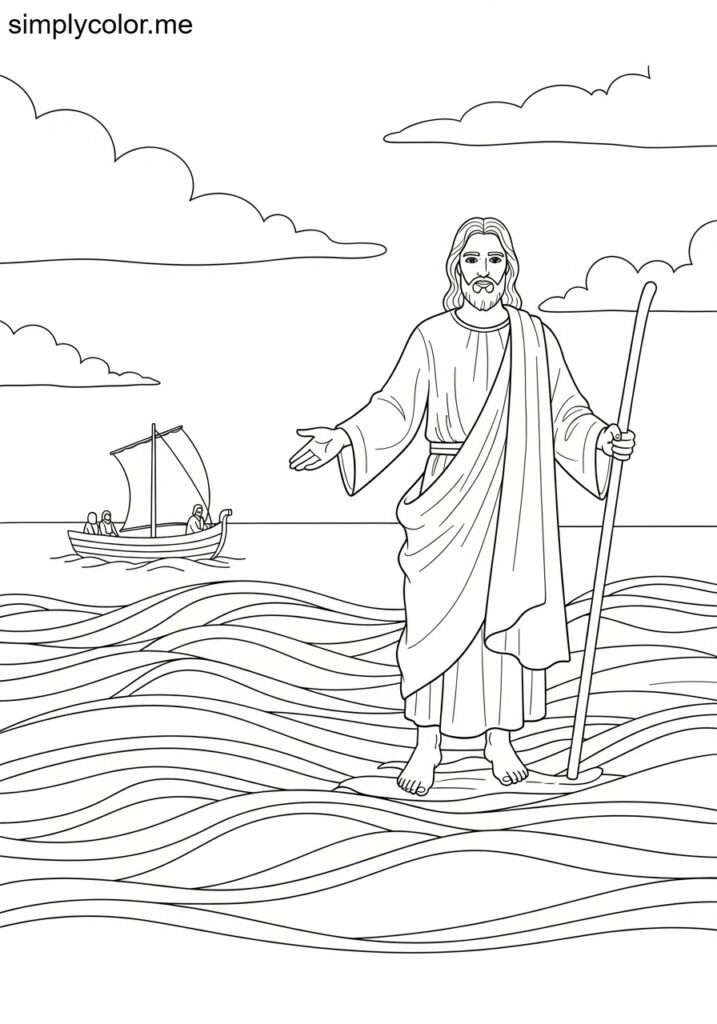 Jesus walking on the water biblical coloring page