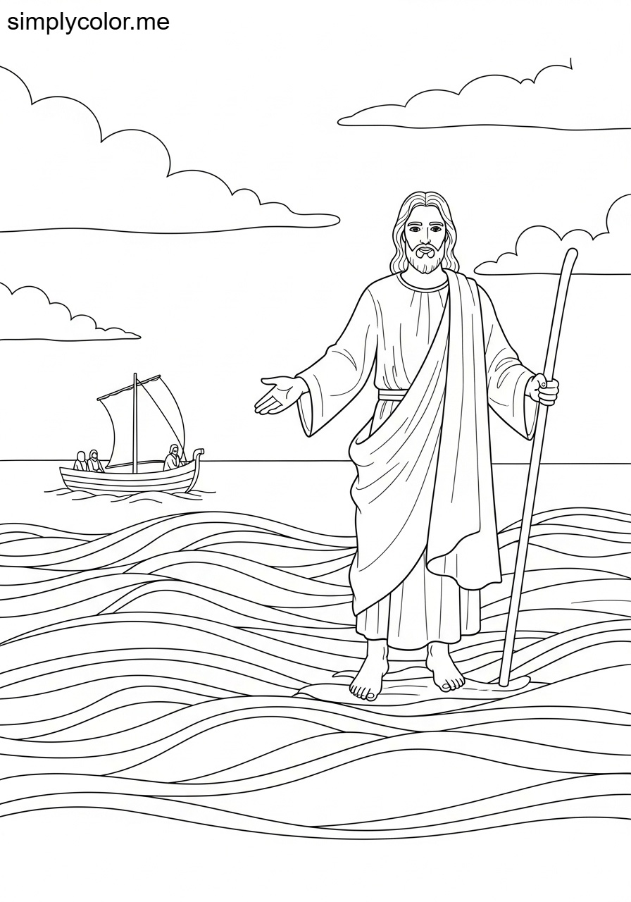 Jesus walking on the water biblical coloring page