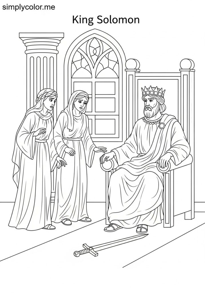 King Solomon showing his wisdom biblical coloring page