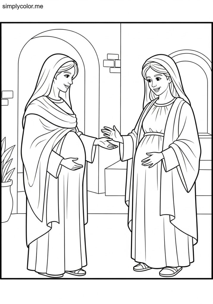 Mary visiting Elizabeth biblical coloring page