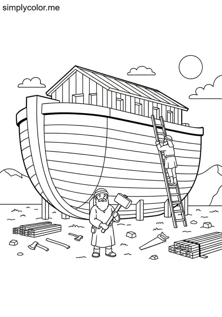 Noah building the Ark biblical coloring page