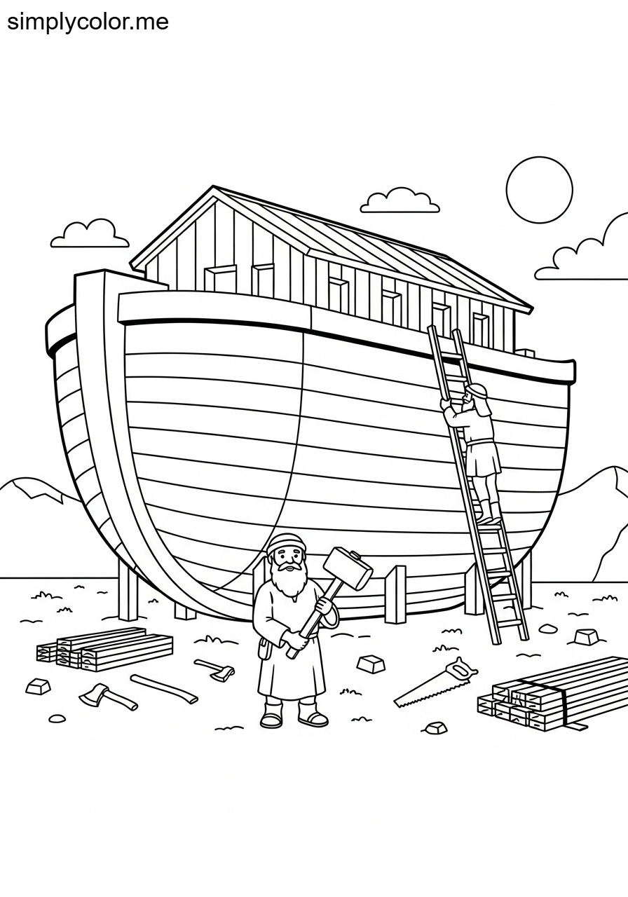 Noah building the Ark biblical coloring page
