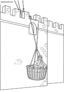 Paul lowering in a basket from the wall biblical coloring page