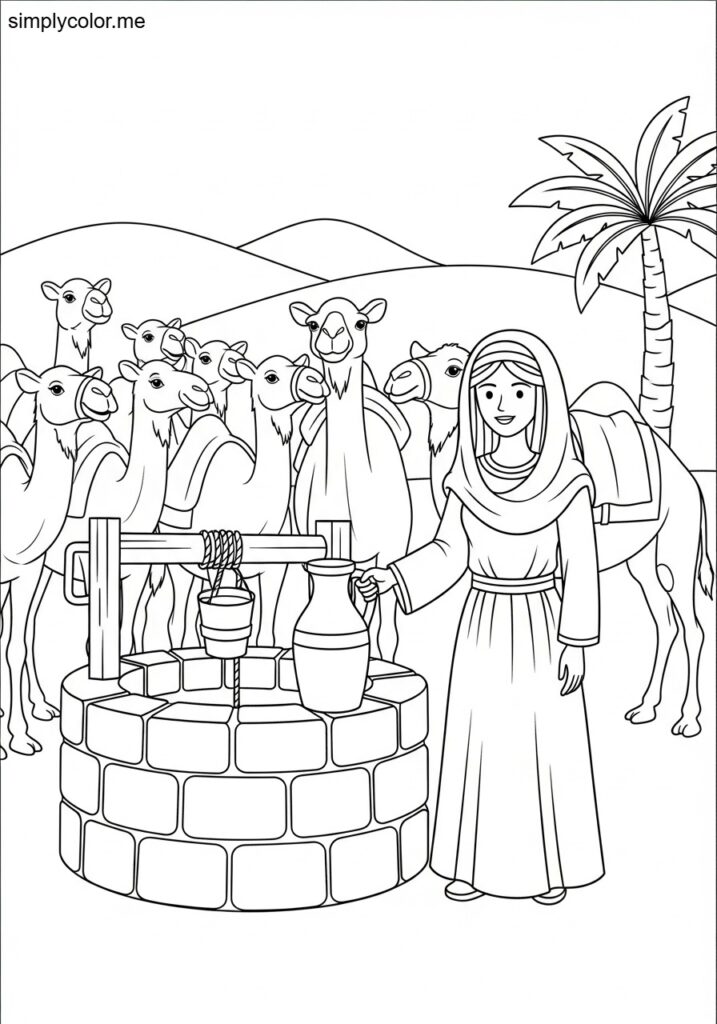 Rebekah at the well biblical coloring page