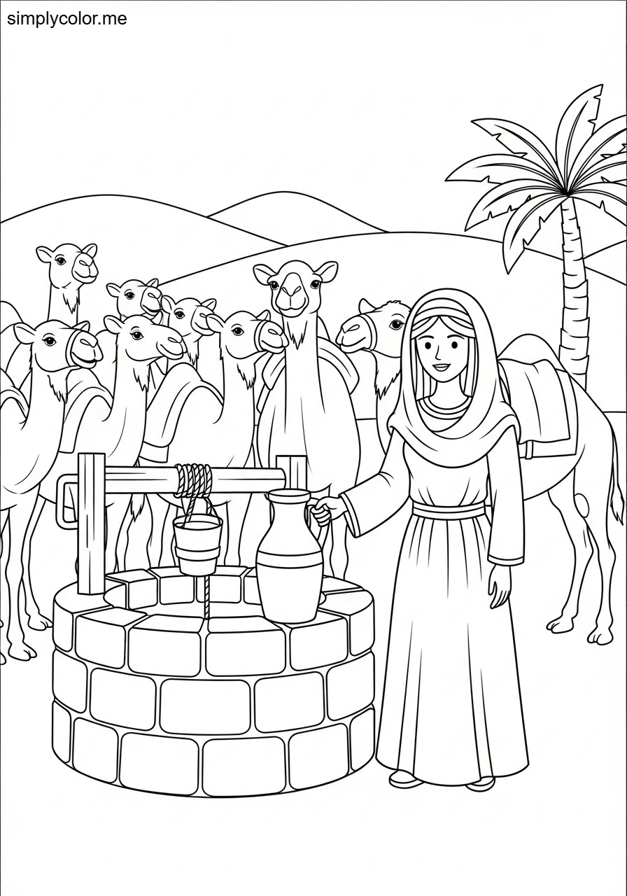 Rebekah at the well biblical coloring page