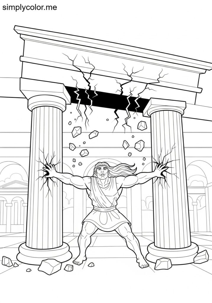 Samson destroying the Philistine temple biblical coloring page