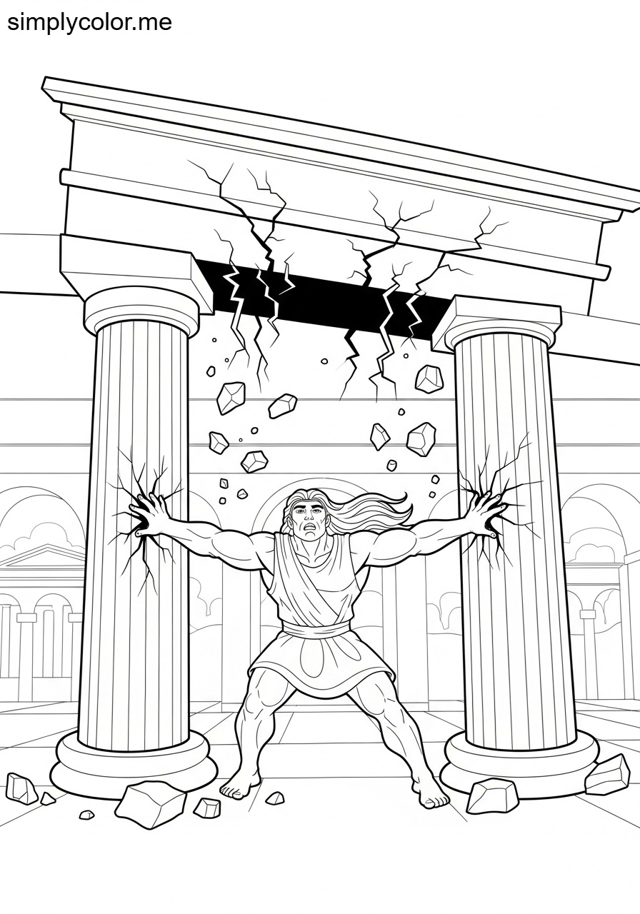 Samson destroying the Philistine temple biblical coloring page