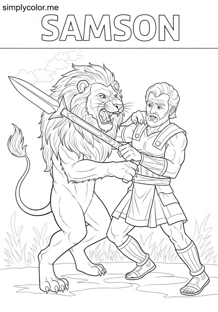 Samson fighting the lion biblical coloring page