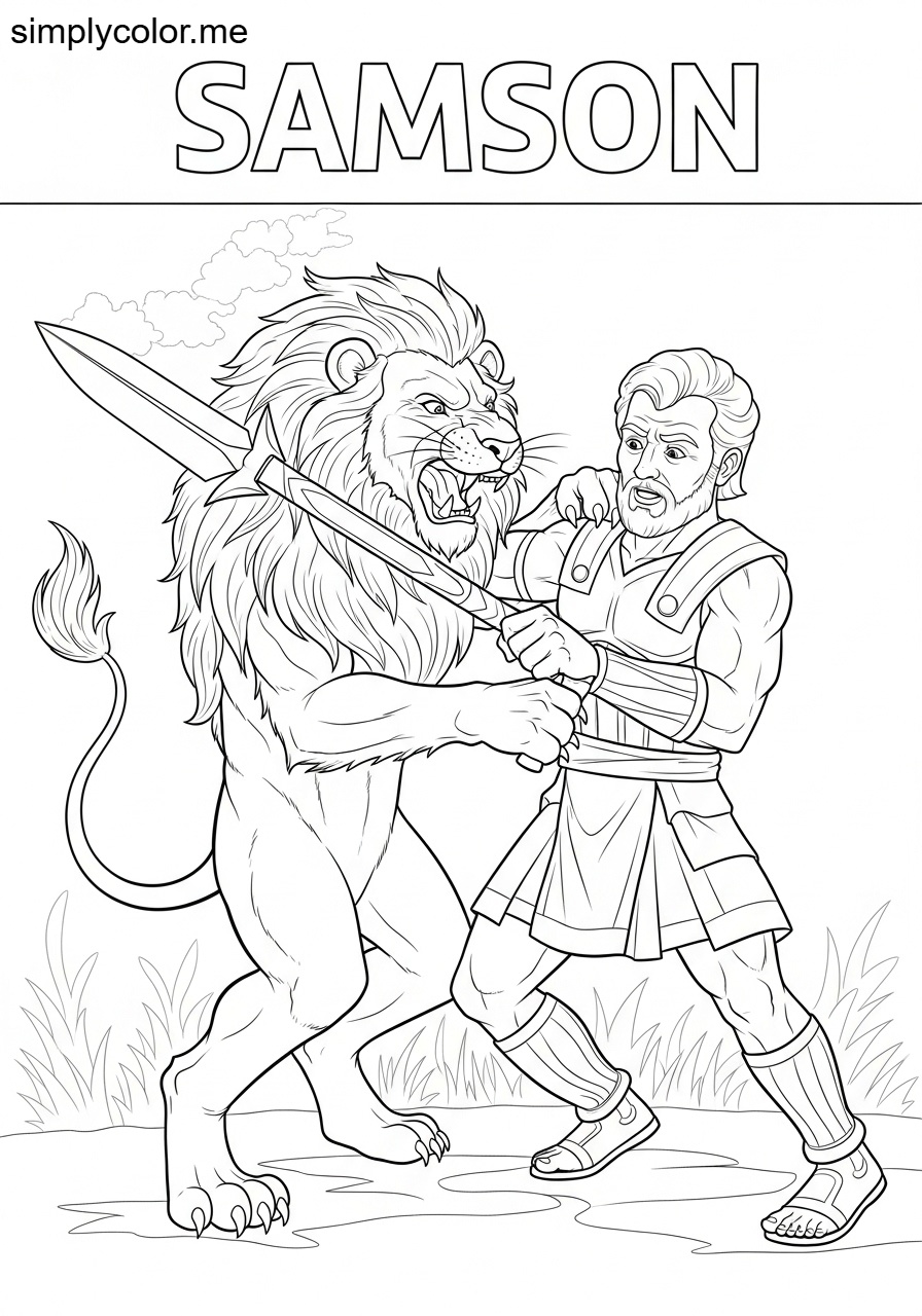 Samson fighting the lion biblical coloring page