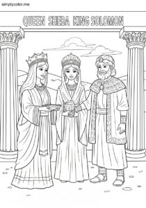 The Queen of Sheba visiting Solomon biblical coloring page