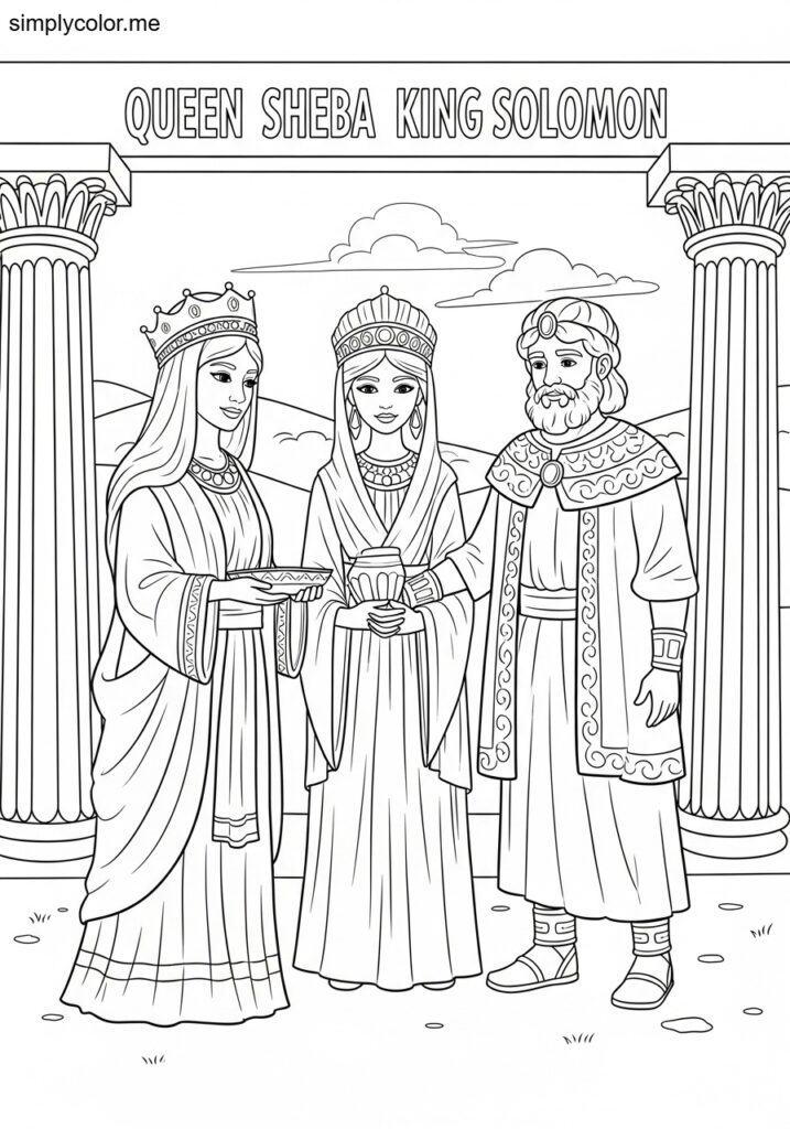 The Queen of Sheba visiting Solomon biblical coloring page