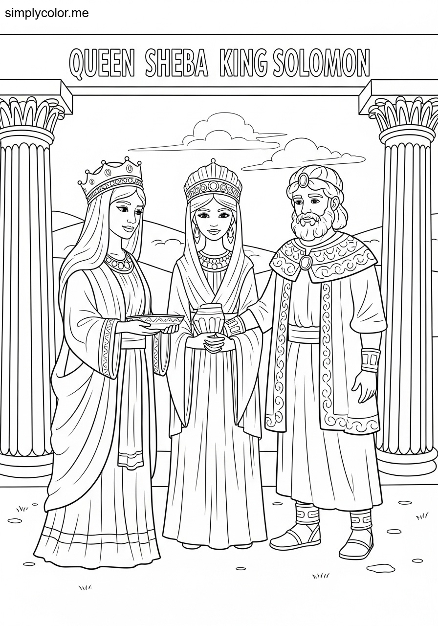 The Queen of Sheba visiting Solomon biblical coloring page