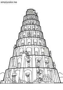 The Tower of Babel being built biblical coloring page