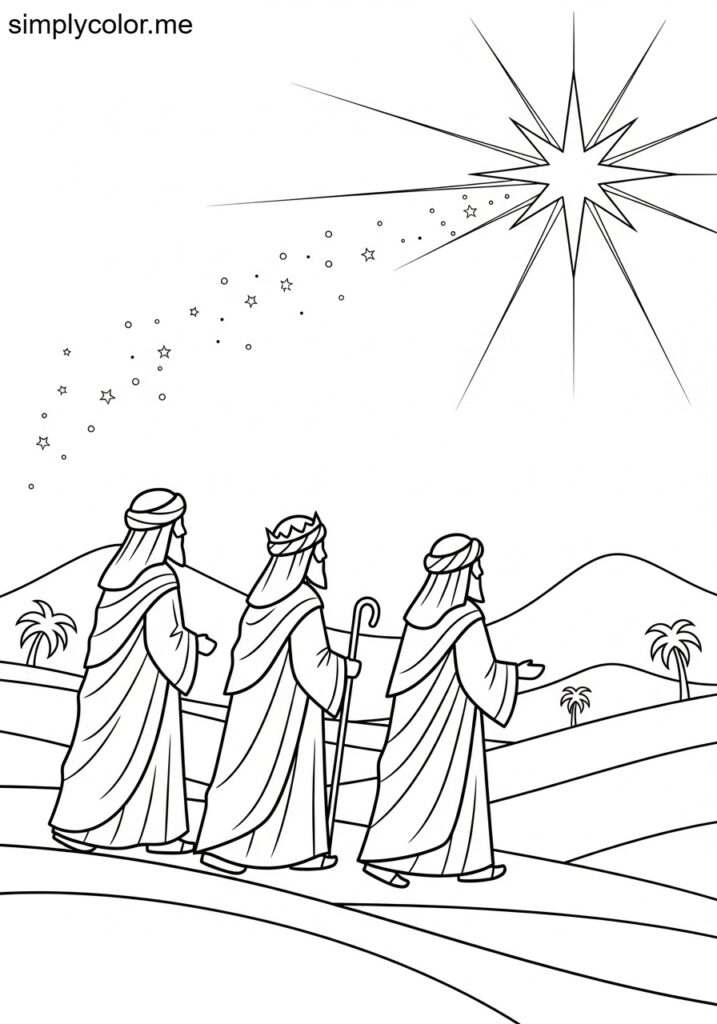 The Wise Men following the star biblical coloring page