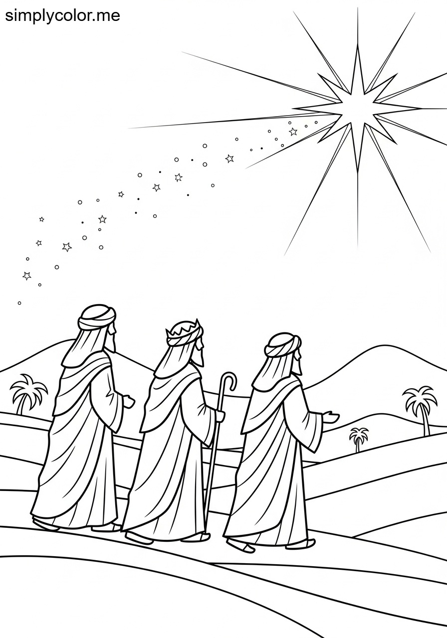 The Wise Men following the star biblical coloring page