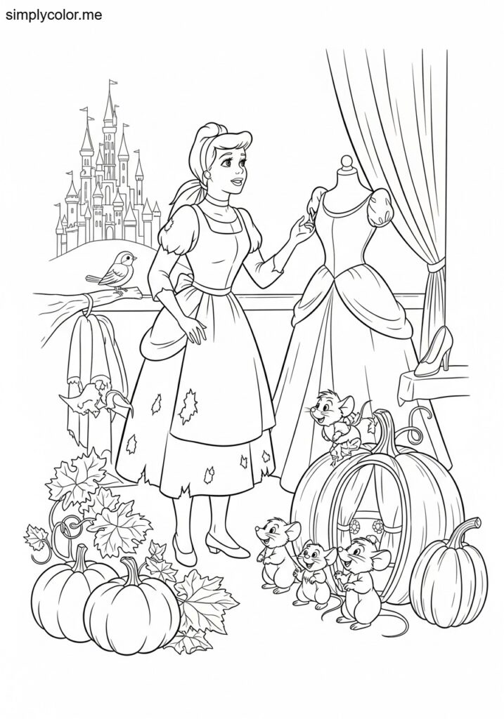 Cindarella and mice coloring page