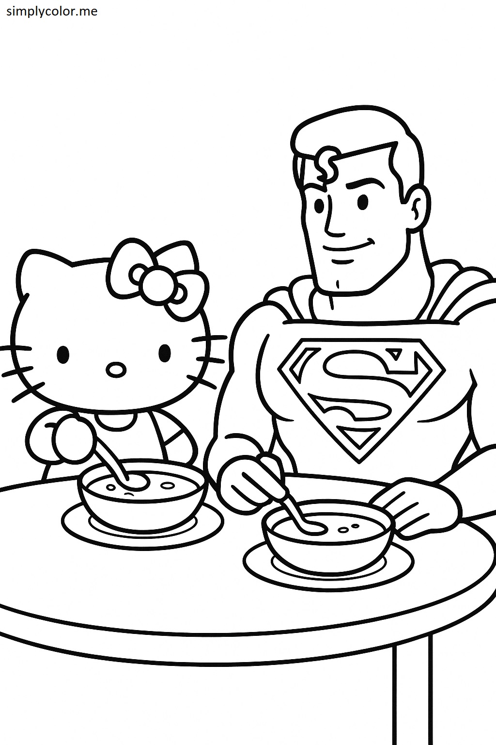 Hello Kitty and Superman eat a soup for dinner coloring page