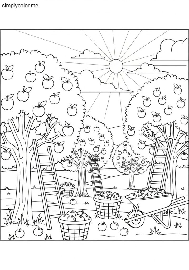 Apple tree color page fruit orchard and harvest season