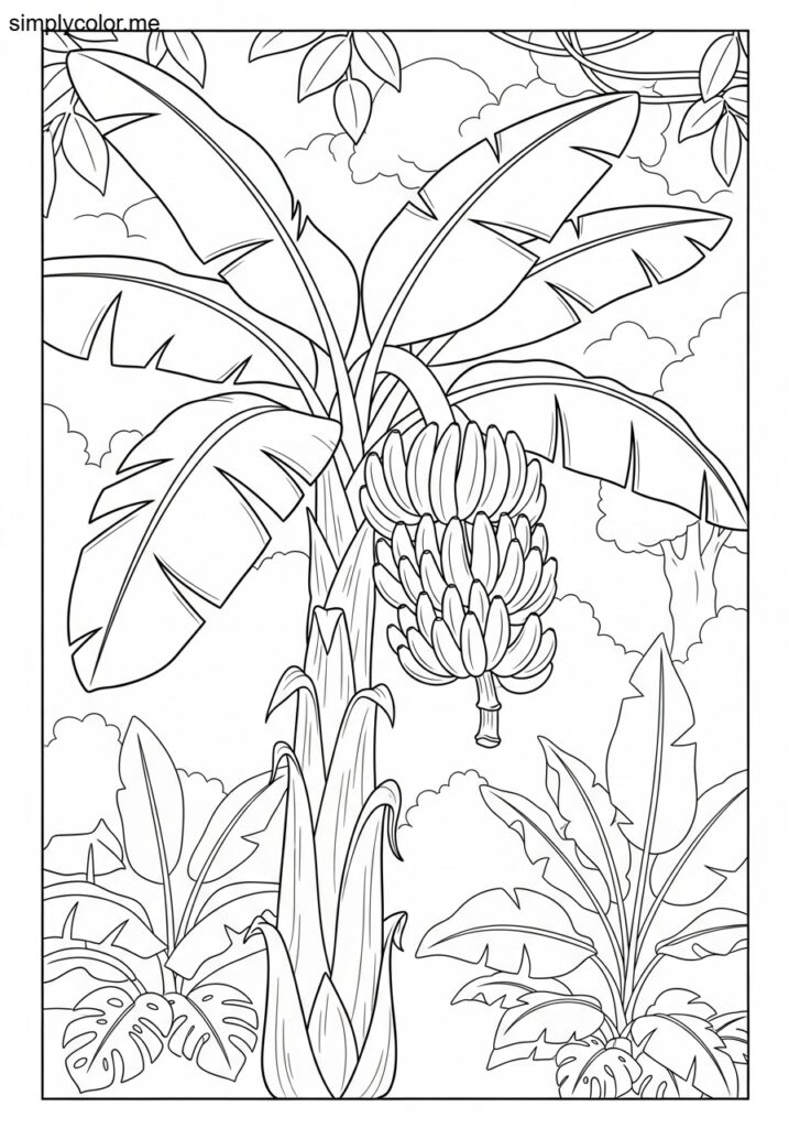 Banana tree coloring page tropical fruit and jungle plant