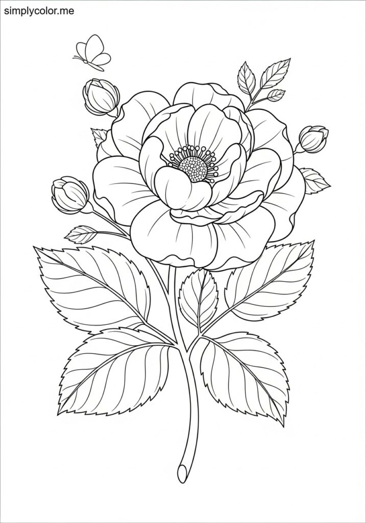 Beautiful flower coloring page printable for kids and adults