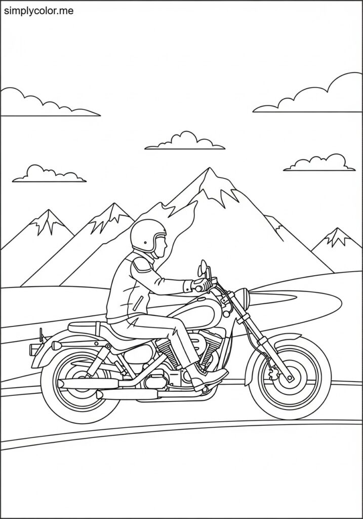 Biker coloring page motorcycle rider and road adventure