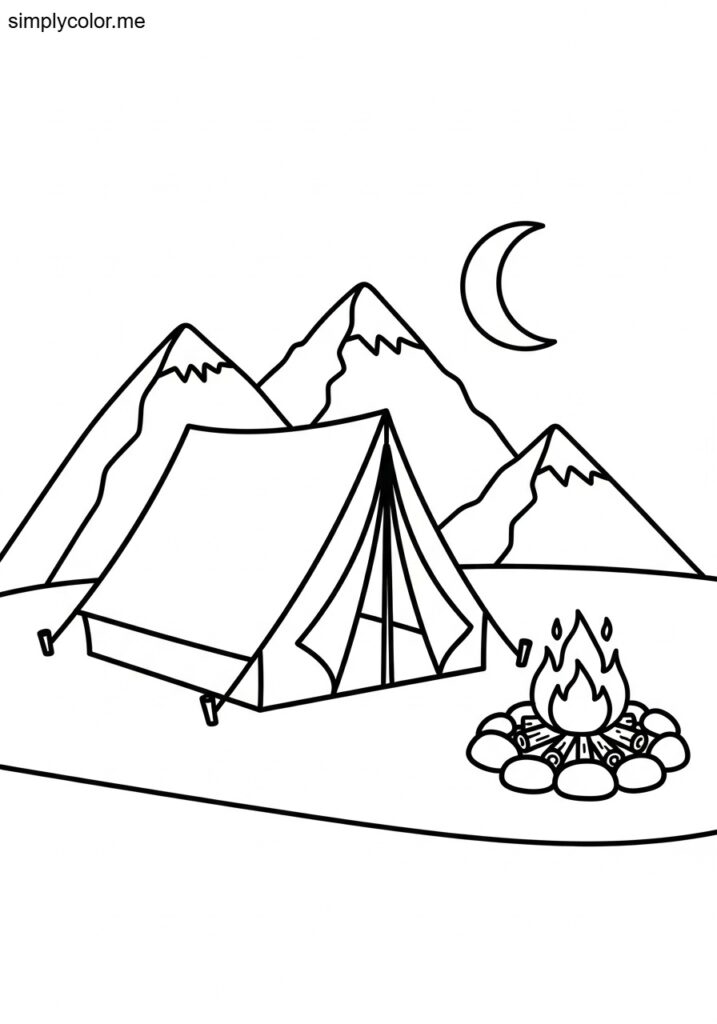Camp coloring page outdoor adventure tent and campfire wilderness experience