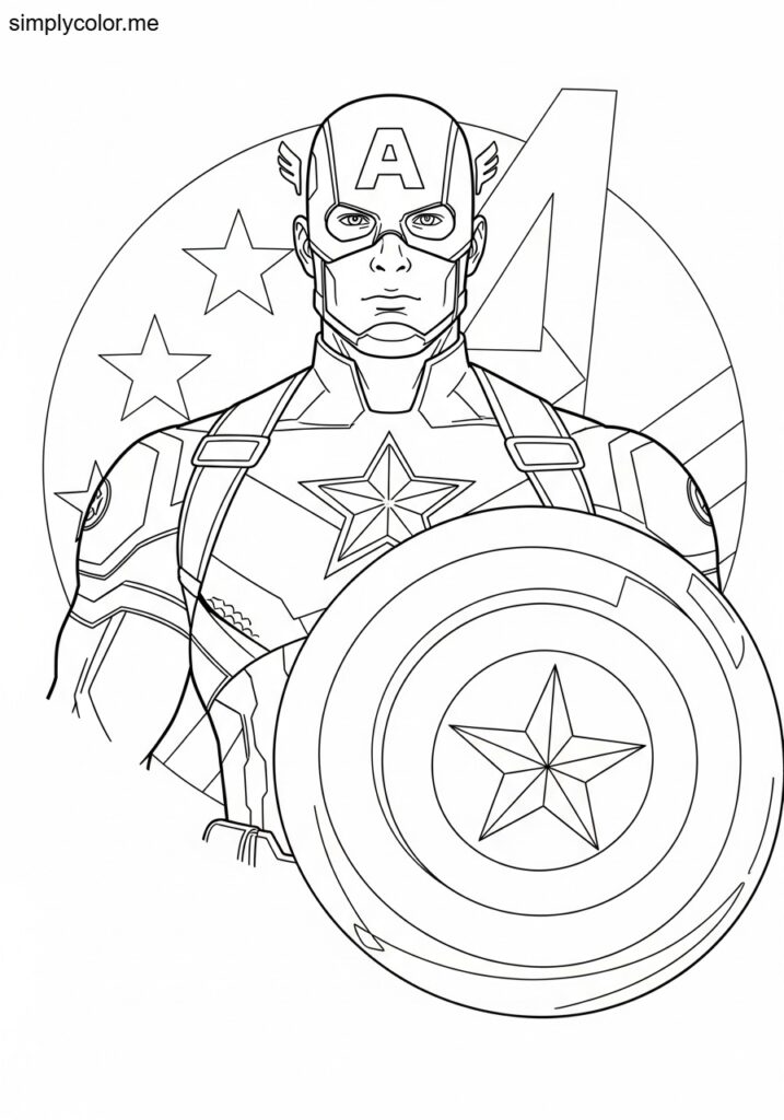 Captain America color page Marvel superhero shield and patriotic avenger design
