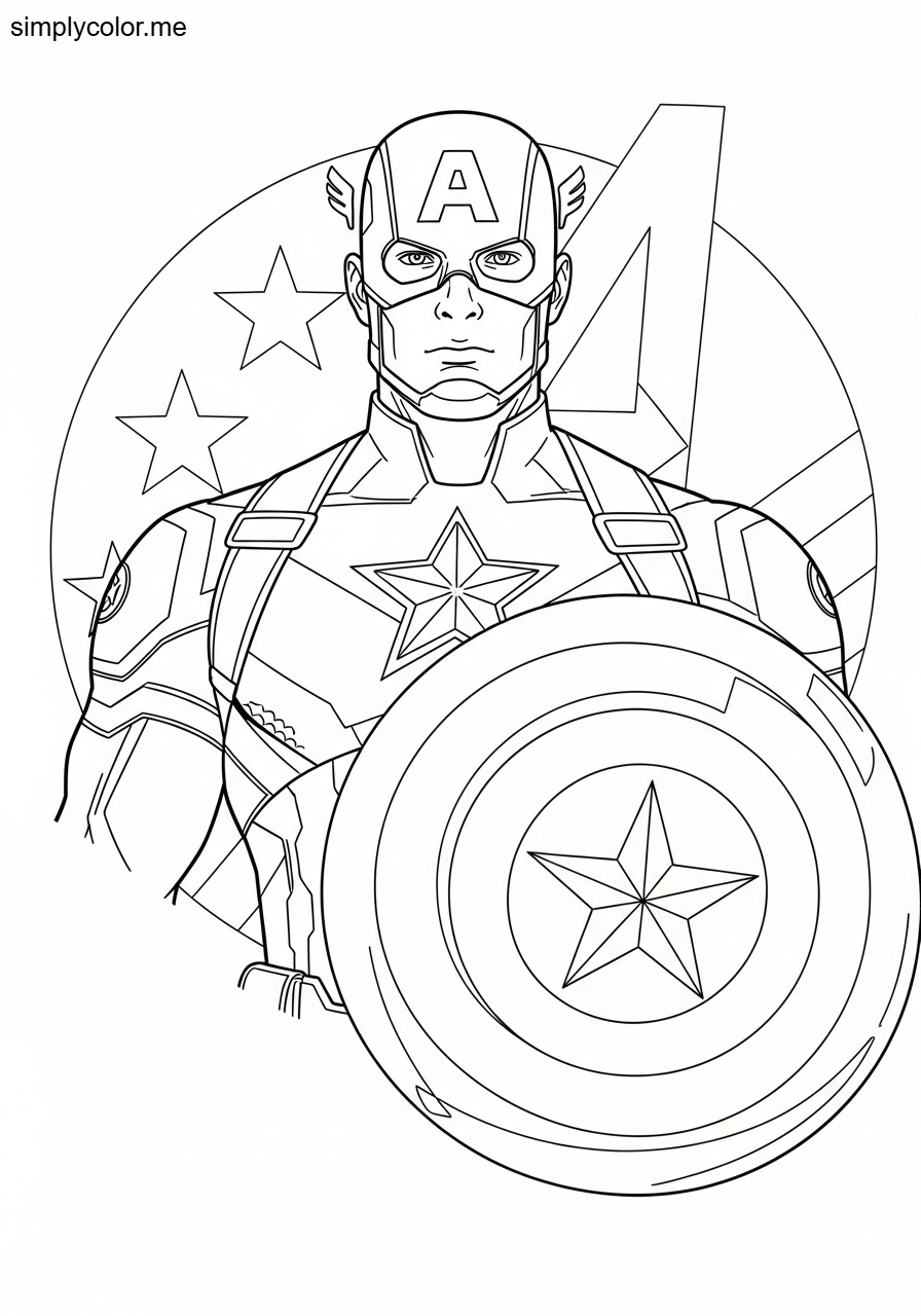 Captain America color page Marvel superhero shield and patriotic avenger design