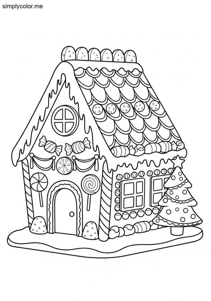 Christmas coloring page gingerbread house candy decorated sweet holiday home