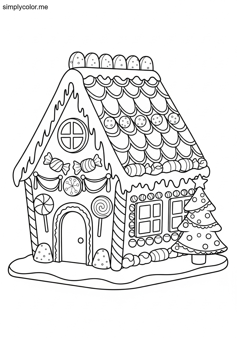 Christmas coloring page gingerbread house candy decorated sweet holiday home
