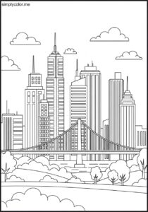 City coloring page printable for geography and urban learning