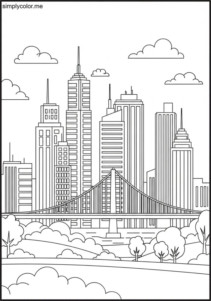 City coloring page printable for geography and urban learning