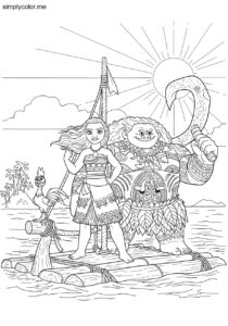 Color page Moana Disney polynesian princess ocean voyage with Maui and Heihei