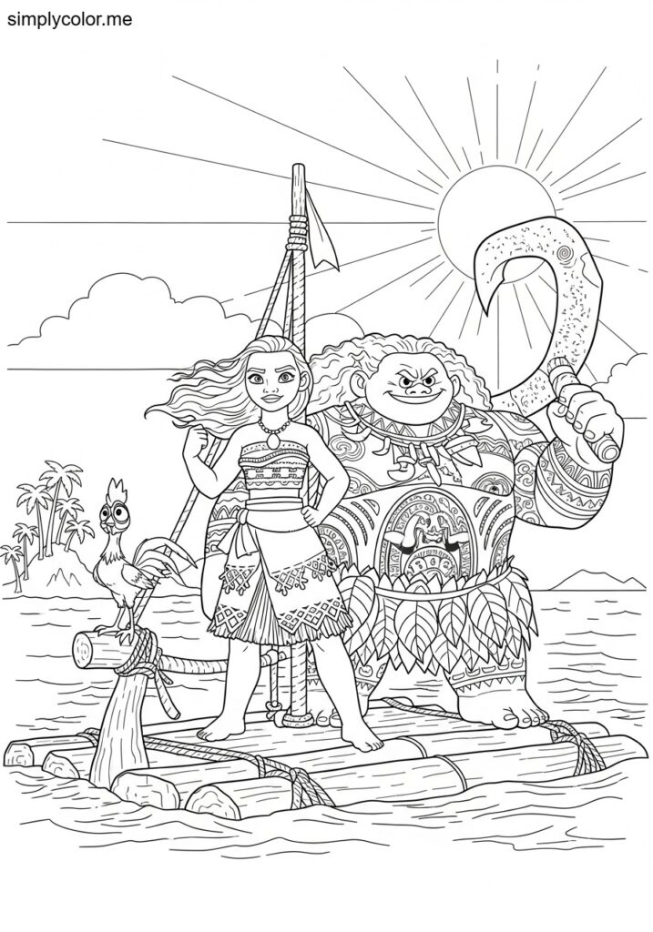 Color page Moana Disney polynesian princess ocean voyage with Maui and Heihei