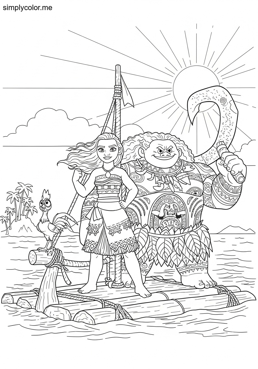 Color page Moana Disney polynesian princess ocean voyage with Maui and Heihei