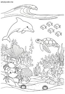 Color page ocean underwater sea life wave and marine creature exploration